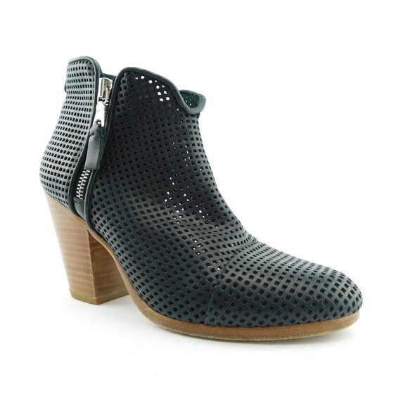 Rag and Bone Black Perforated Leather Cap Toe Block Heel Ankle Boots 36 - Picture 1 of 9
